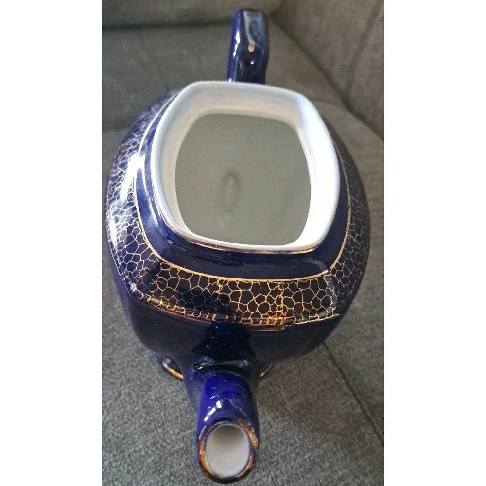 Vtg Hollywood Hall Teapot Cobalt Blue 24KT Gold Plated #103 6 Cup Missing Lid‎
